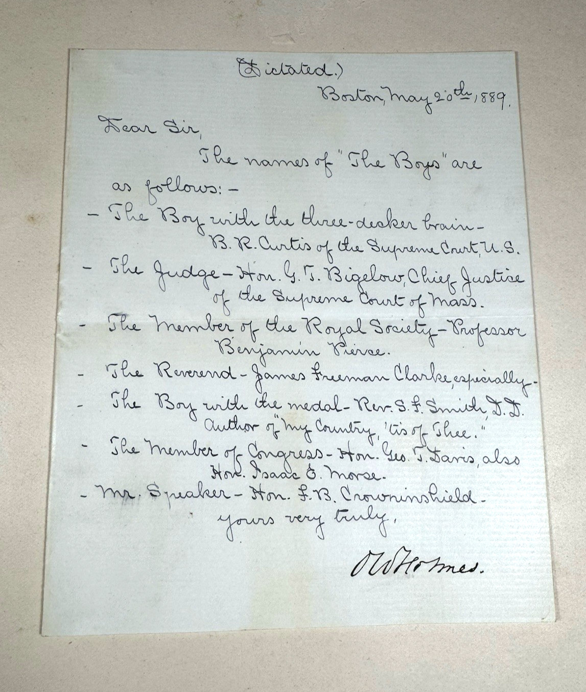 1889 Oliver Wendell Holmes Sr. Signed List \