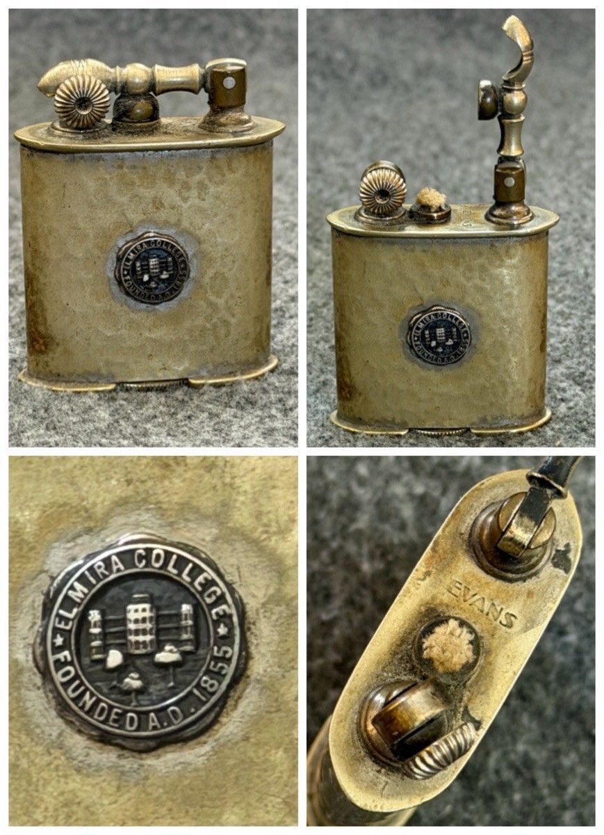 Vintage 1920s EVANS Lift Arm Pocket Lighter Hammered Brass Elmira College Works