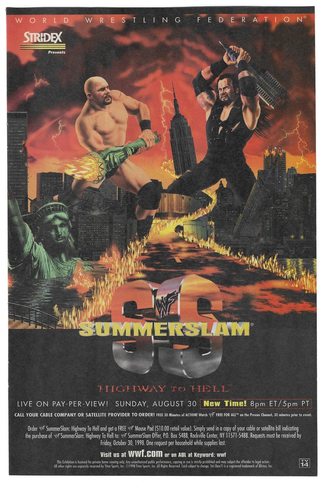 Vintage Print Ad - WWF Summer Slam Highway To Hell - Undertaker - Steve Austin