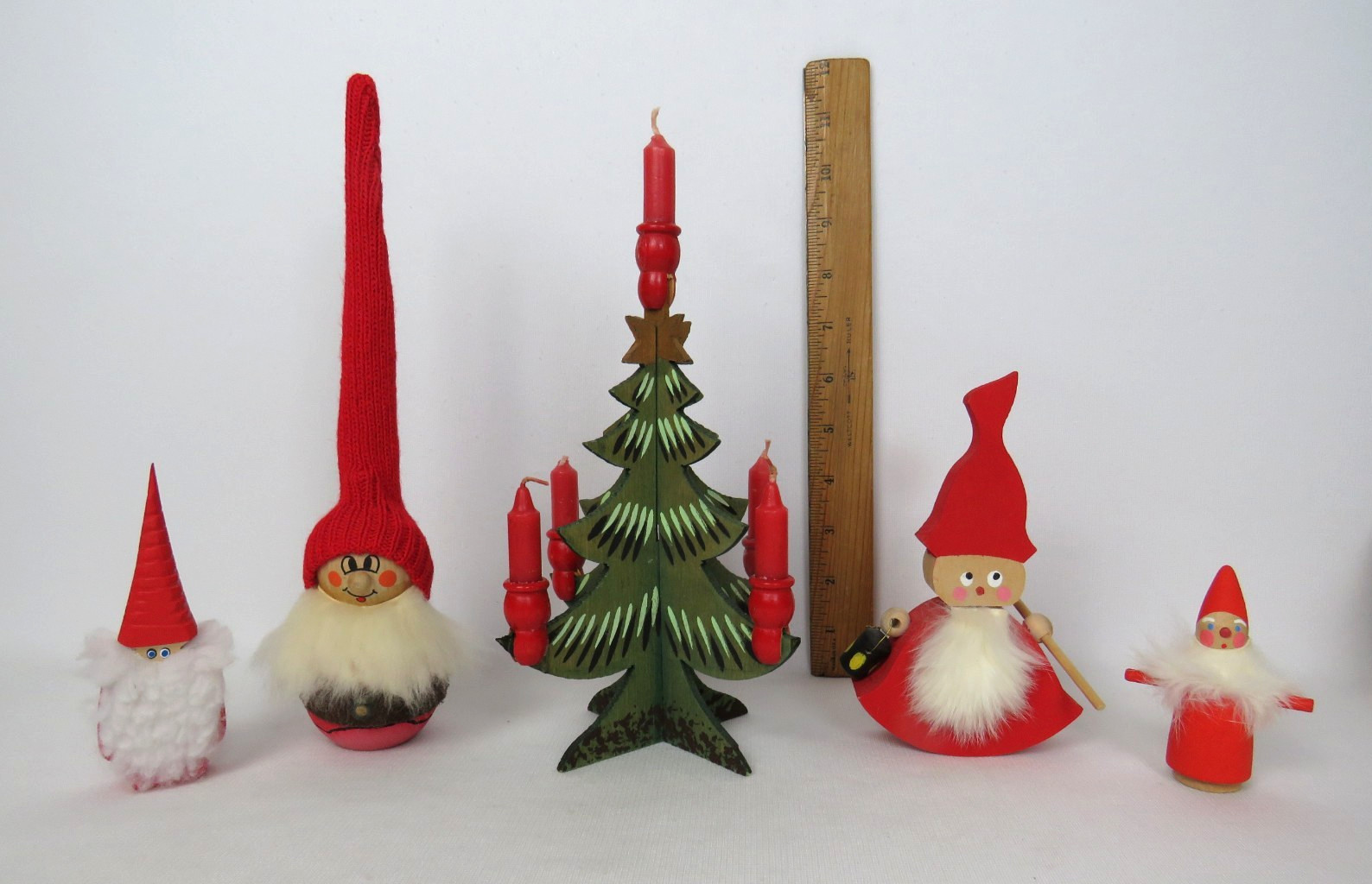 LOT OF 5 VTG MCM SWEDISH CHRISTMAS FIGURINES / TREE WOODEN CANDLE TREE