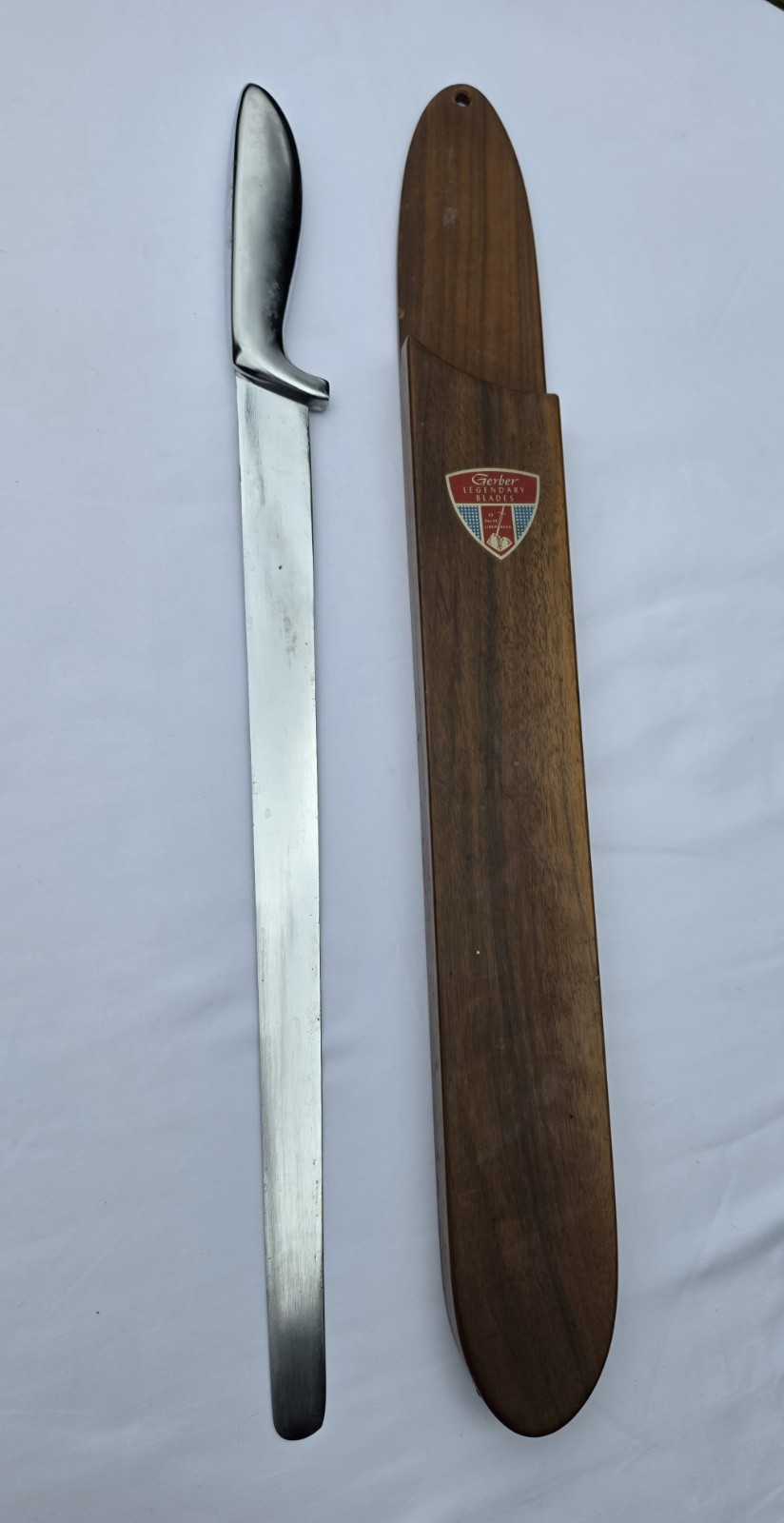 Vintage 50\'s-70\'s Gerber Morglay Large Stainless Slicing Knife w/Walnut Scabbard Vintage 50\'s-70\'s Gerber Morglay Large Stainless Slicing Knife w/Walnut Scabbard