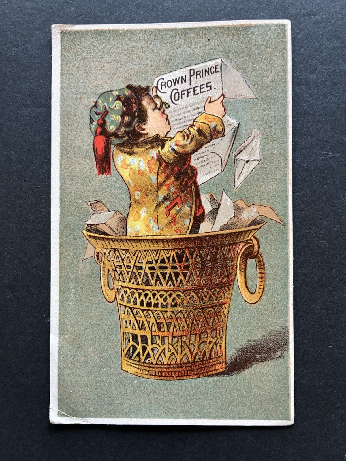 1880’s Victorian Trade Card Crown Prince Coffees, Child, Basket, Ross W Weir, NY