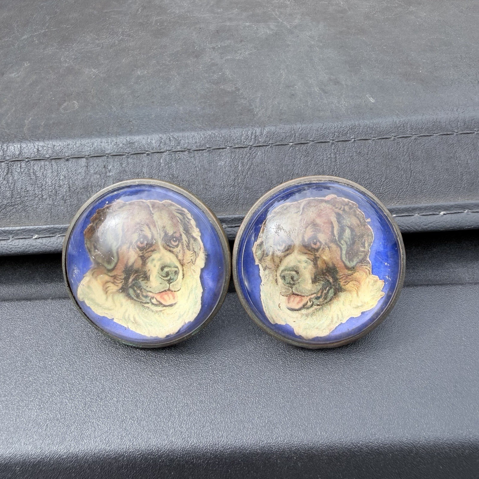 Pair Antique Horse Bridle Rosettes St Bernard Dogs Cobalt Blue Equestrian