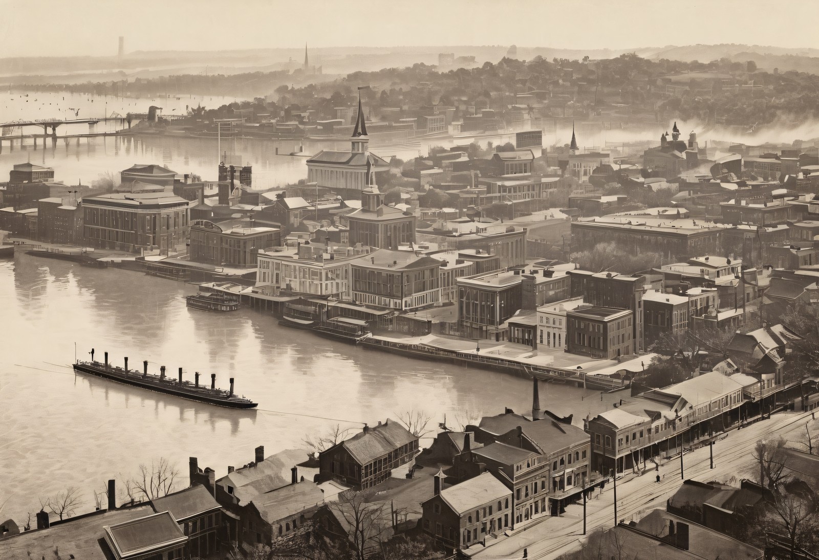 Cincinnati Bird's-Eye View - 1850s Riverfront - Antique Print