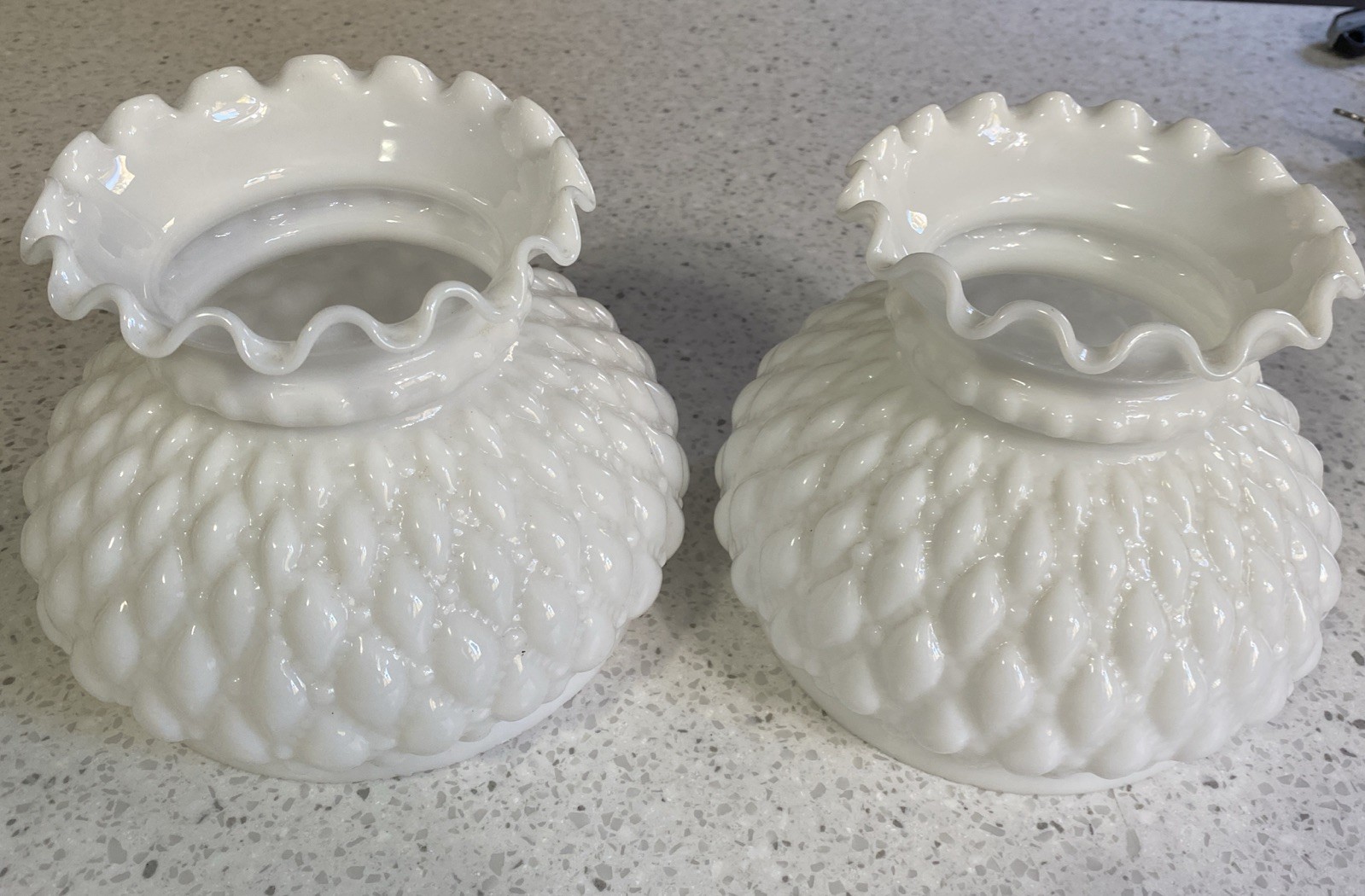 2 VTG Indiana Glass Milk Glass Quilted Diamond Ruffled Hurricane Lamp Shades