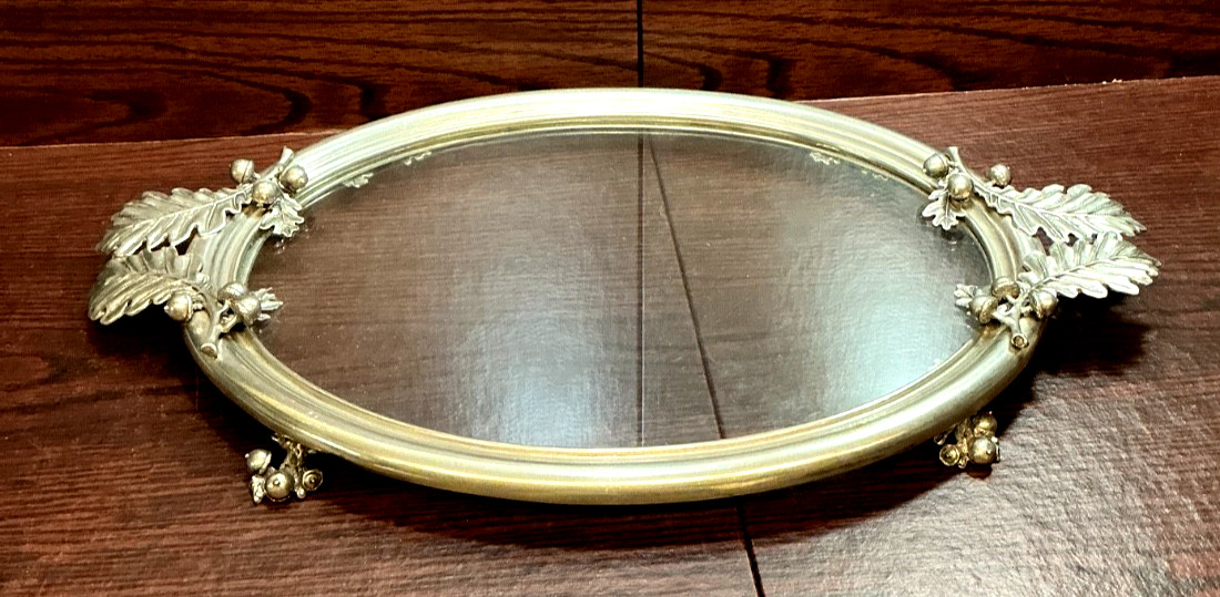 VAGABOND HOUSE FOOTED PEWTER ACORN AND OAK LEAF OVAL GLASS TRAY