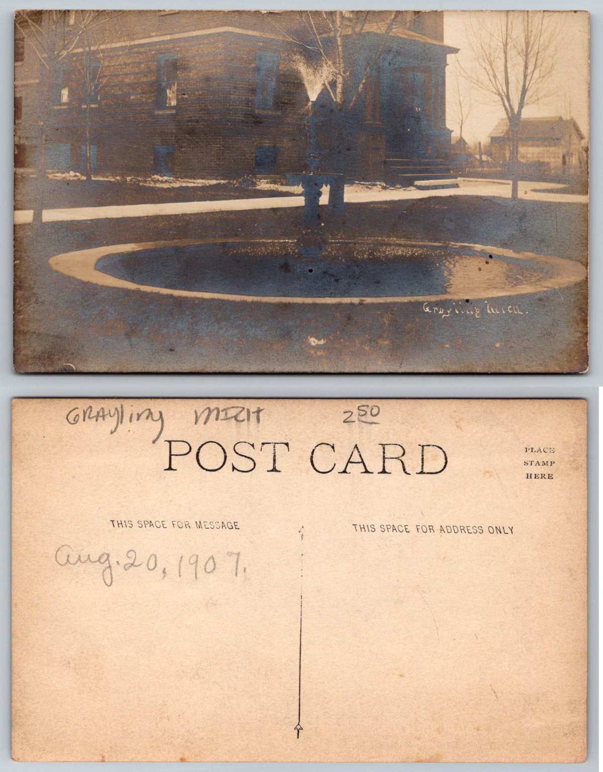 RPPC Grayling Michigan Street Scene Fountain Historic Building 1907 RPPC Grayling Michigan Street Scene Fountain Historic Building 1907