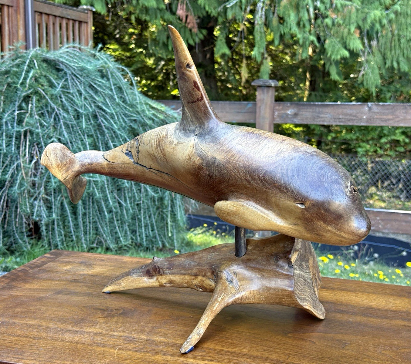 Vintage Hand Carved, Wooden whale Sculpture,signed