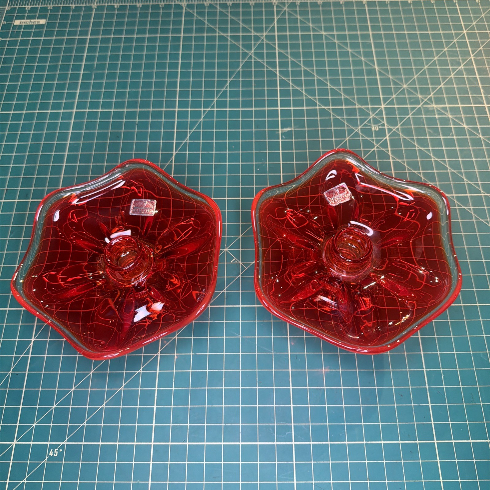 Two Viking Glass Persimmon Orange Amberina 6 Petal Candle Holders 6” With Label Two Viking Glass Persimmon Orange Amberina 6 Petal Candle Holders 6” With Label