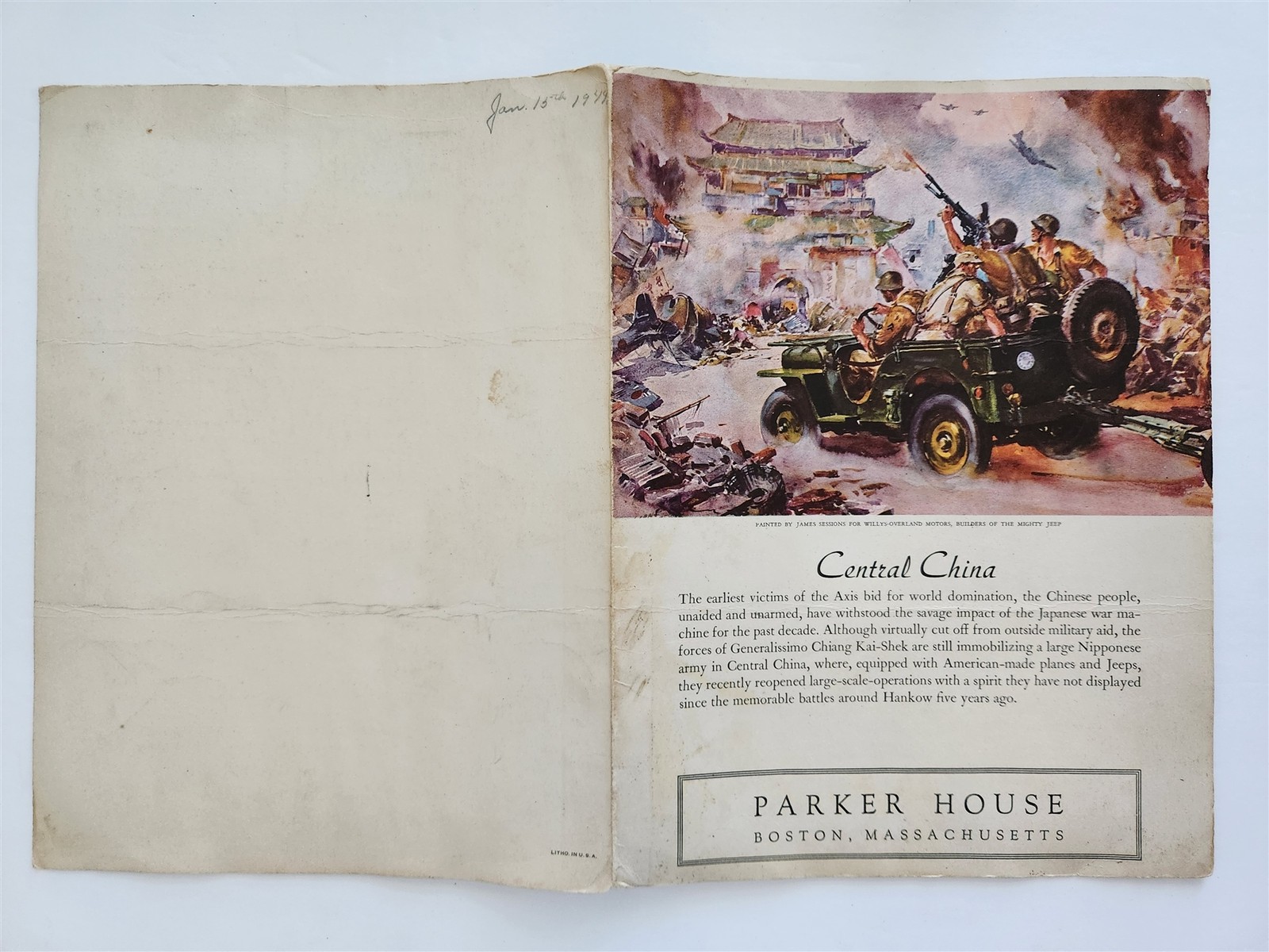 1944 antique PARKER HOUSE boston ma DINNER MENU WWII Central China art ROLLS