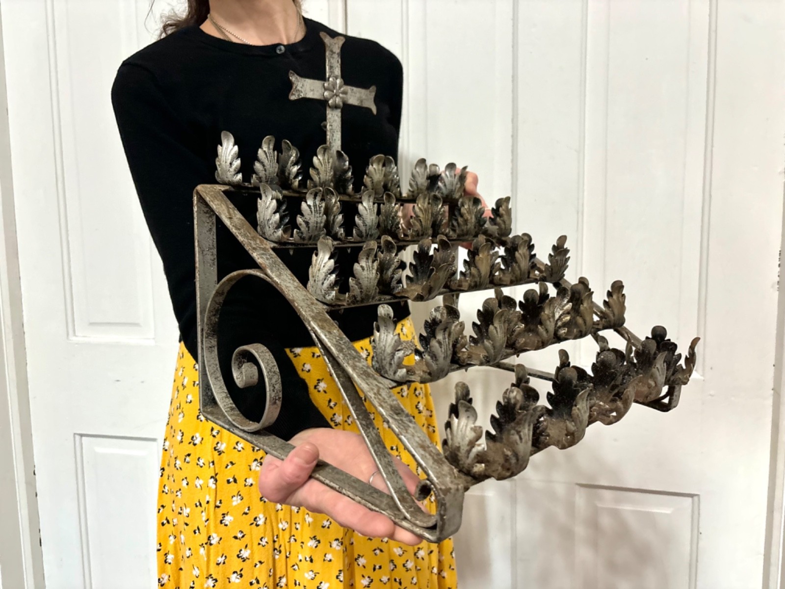 Vtg Antique Catholic Church ALTAR CANDELABRA  Cross Iron 20 Candle Holder Stand