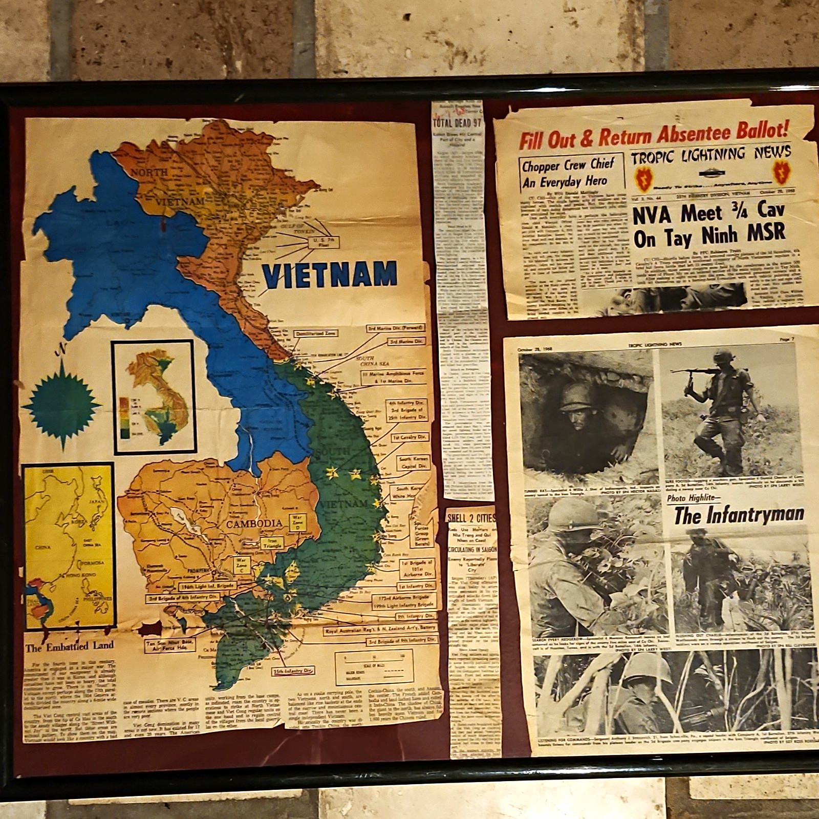 Framed Vietnam War Map & Tropic Lightning News Newspaper Clipping Oct 28 1968