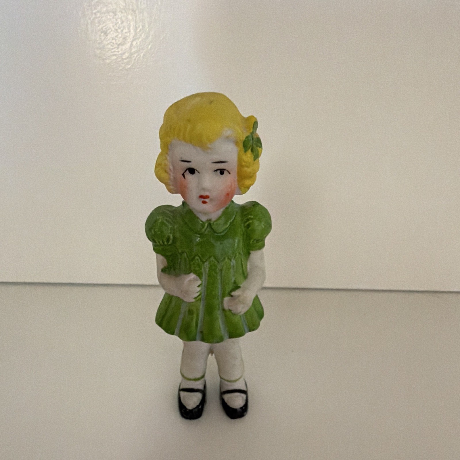 Vintage Bisque Girl Figurine Green Dress Blonde Hair Hand Painted Germany Japan