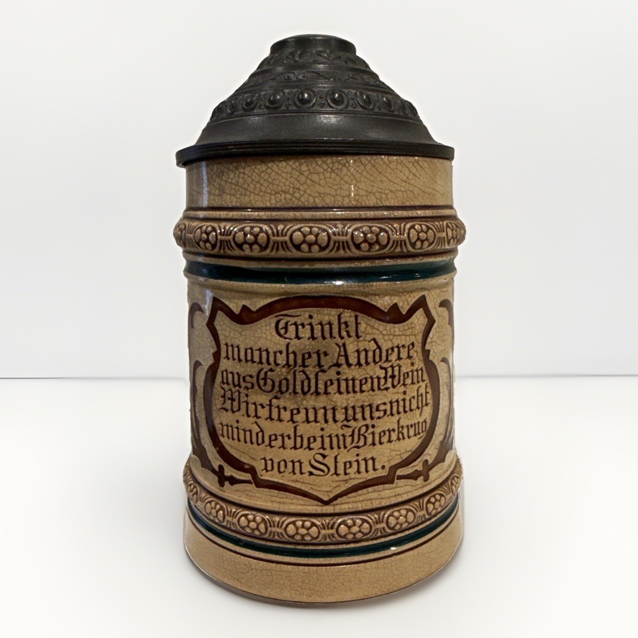 Antique German 1/2 Liter Stoneware Beer Stein c.1900 w/ Ornate Pewter Lid
