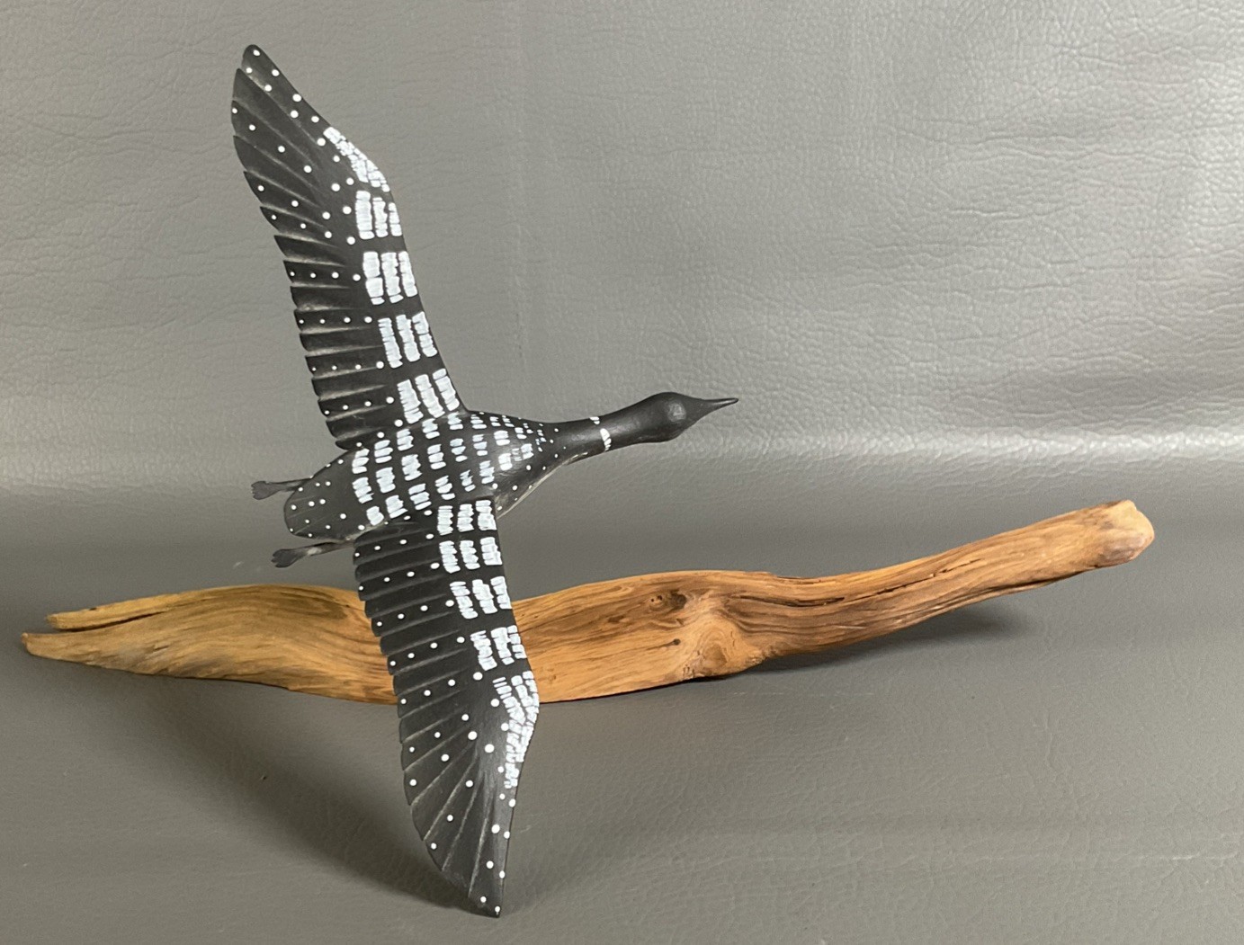 Hand Carved and Painted Loon Wooden Look in Flight Mounted Driftwood Plaque