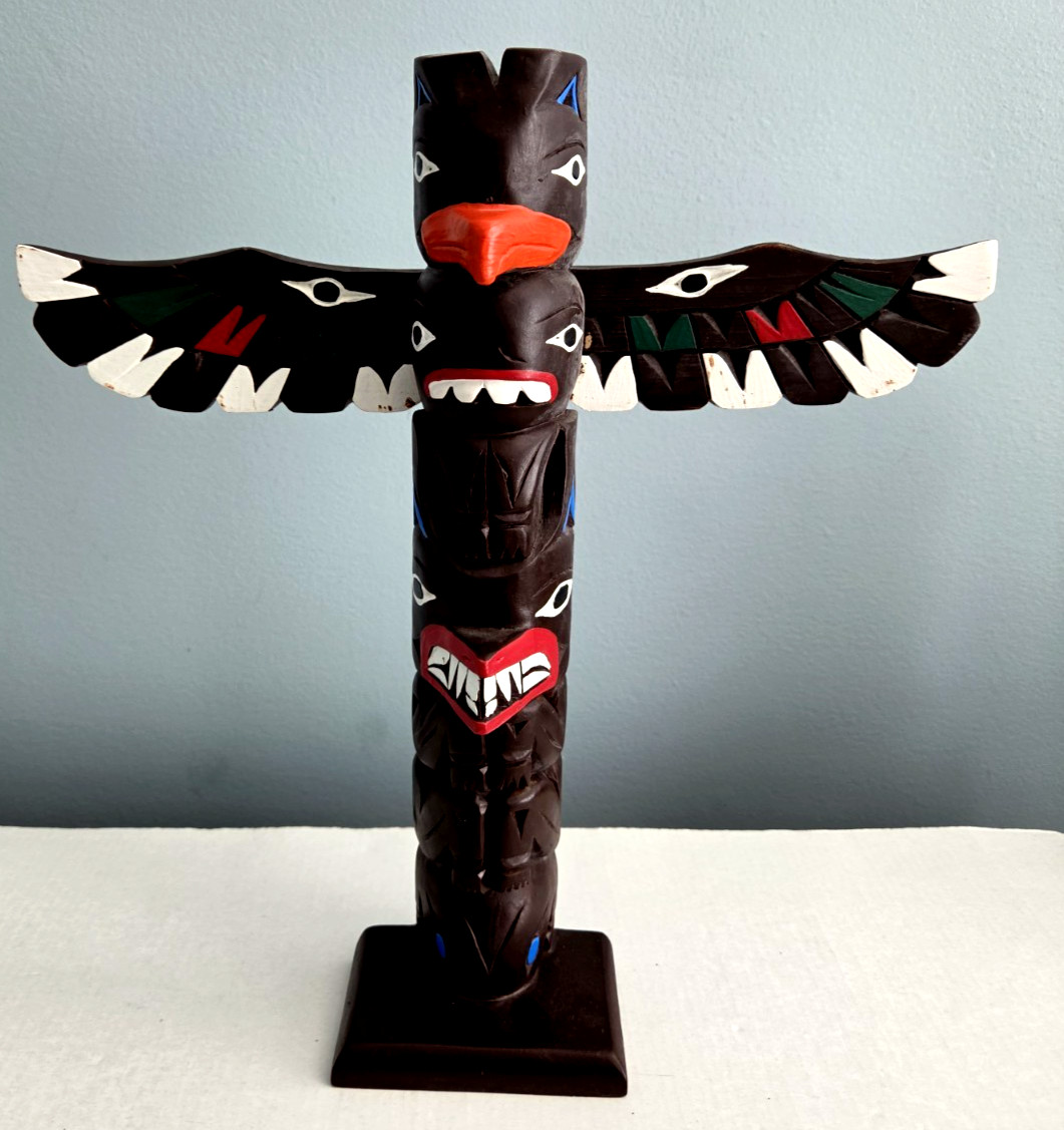 Vintage SIGNED Eagle Totem Pole Ketchikan Alaska Hand-carved Painted Wood 12\