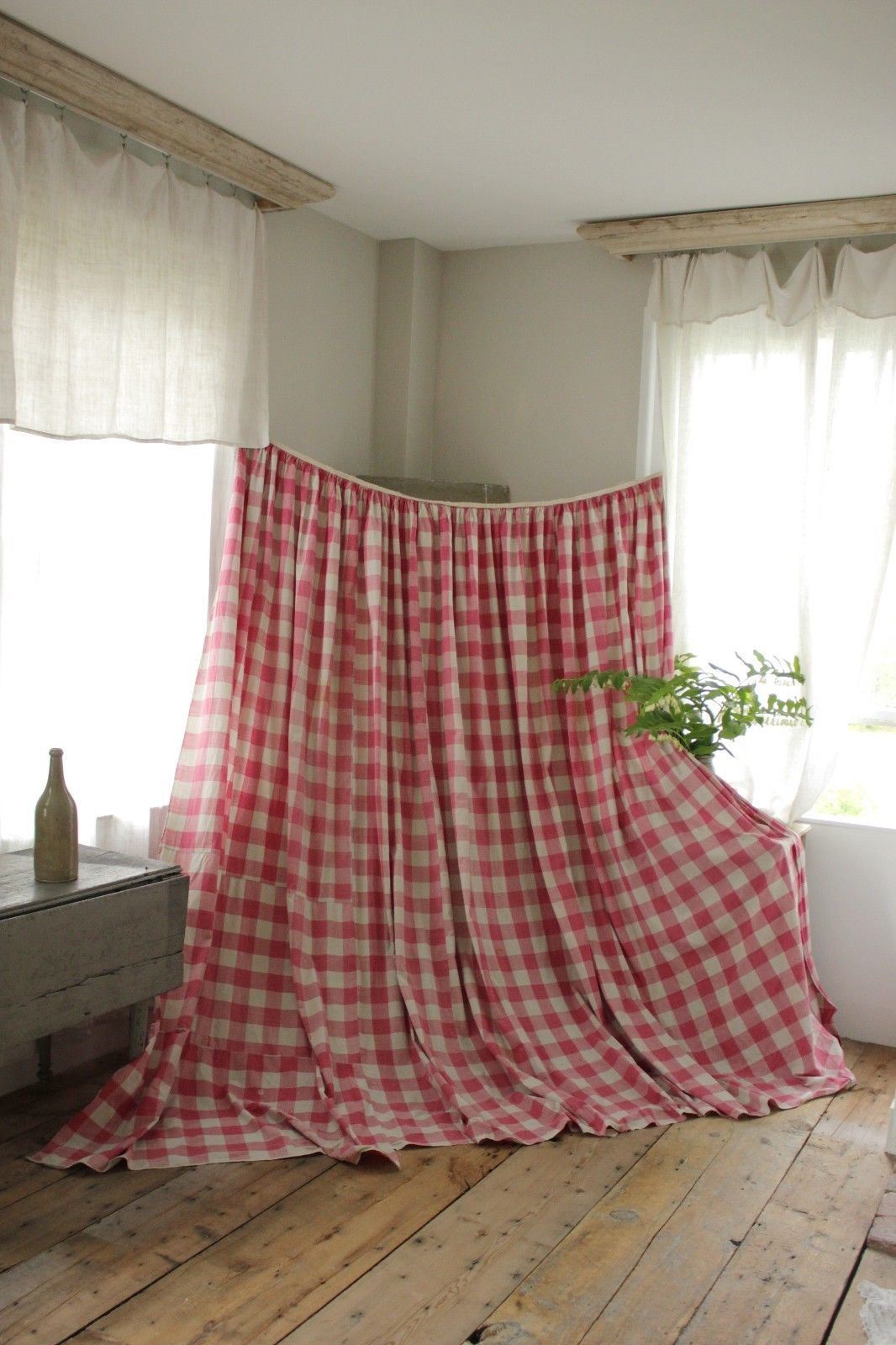 Curtain Vichy check fabric pink & white Antique French 1700's c1750-1800 textile