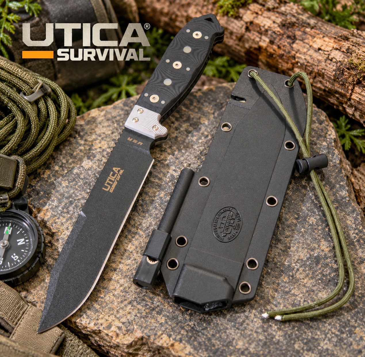 Utica Cutlery UTKB-6 Survival Series Bowie Fixed Blade Black Micarta Made in USA