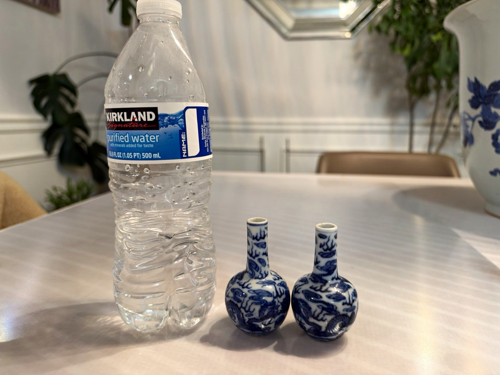 Pair Vintage Chinese Blue & White Mini Tianqiu Vases, Dragon Pattern