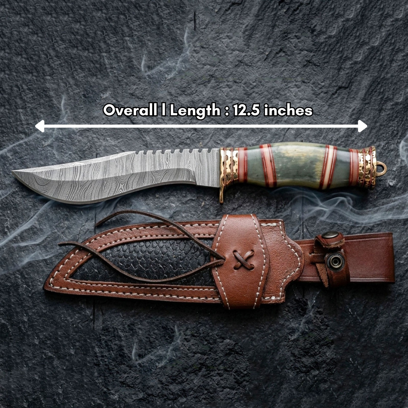 Full Tang Survival Hunting Knife with Sheath, 12.5-inch Damascus Fixed Blade