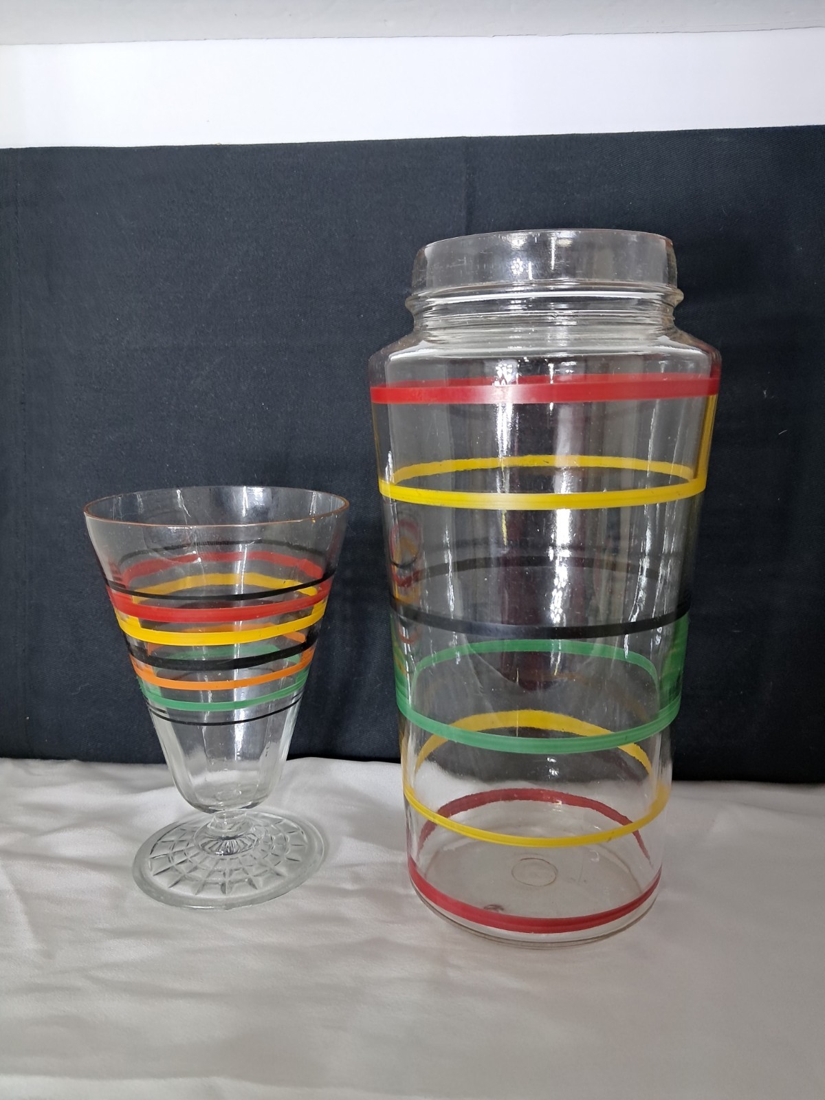 Vintage Anchor Hocking Banded Rings Cocktail Shaker & Footed Tumbler Glass