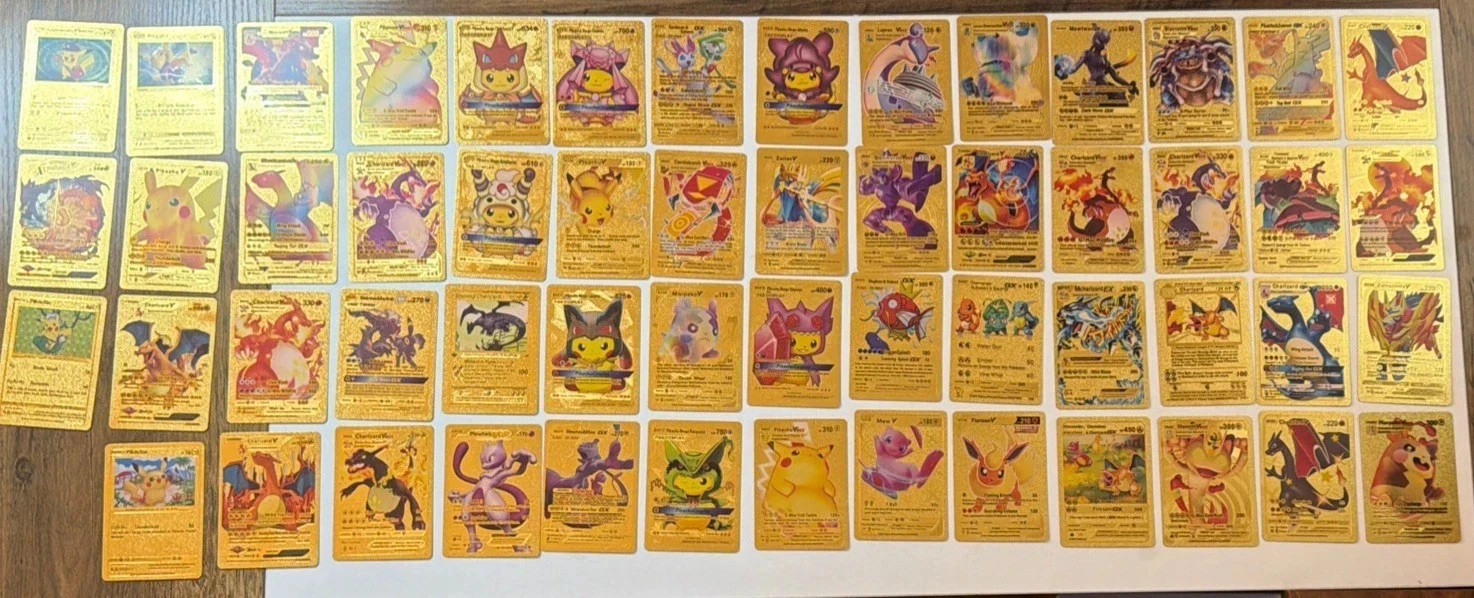 Pokemon Gold Foil Fan Art CHARIZARD PIKACHU Lot (55) Cards Gamefreak replicas Pokemon Gold Foil Fan Art CHARIZARD PIKACHU Lot (55) Cards Gamefreak replicas