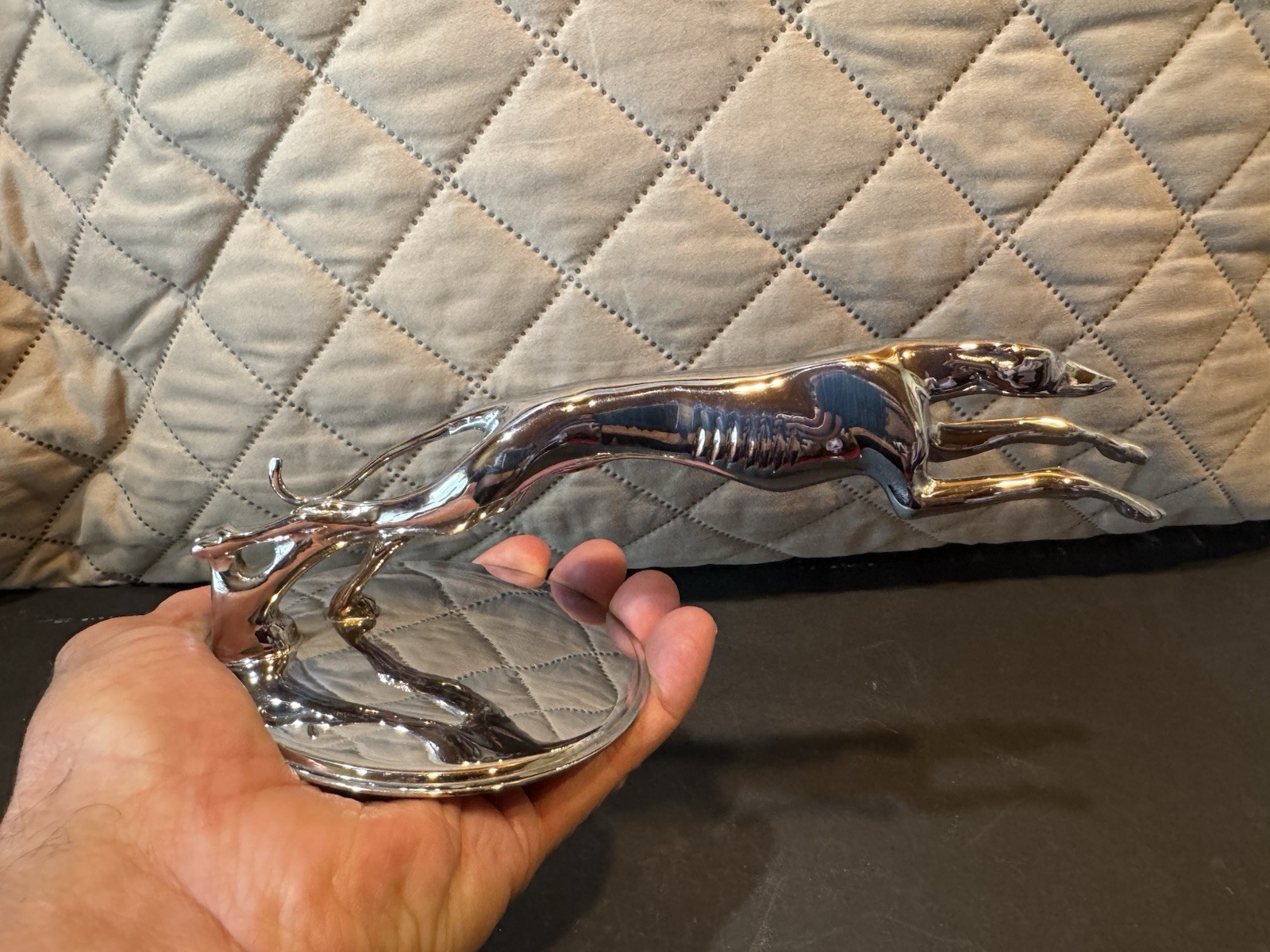 1932 1933 Lincoln Greyhound Hood Ornament Emblem w/ Round Mounting Base 1932 1933 Lincoln Greyhound Hood Ornament Emblem w/ Round Mounting Base