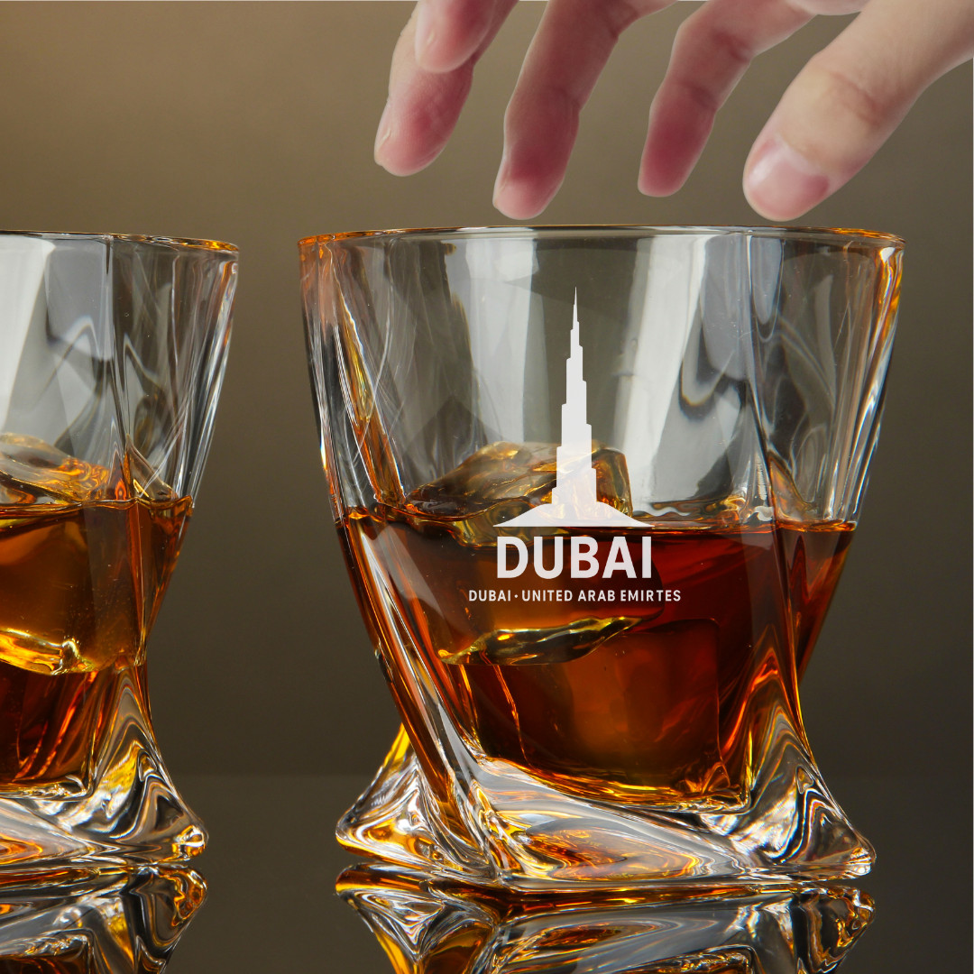 Custom Engraved Burj Khalifa Dubai UAE Whiskey Glass – 10 oz Twisted Rocks Glass Custom Engraved Burj Khalifa Dubai UAE Whiskey Glass – 10 oz Twisted Rocks Glass