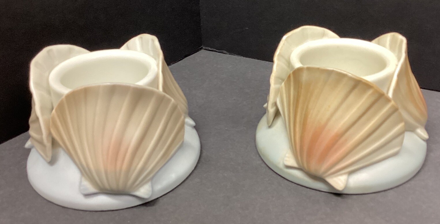 Two vintage ceramic scallop shell Votive tea light candle holders Japan