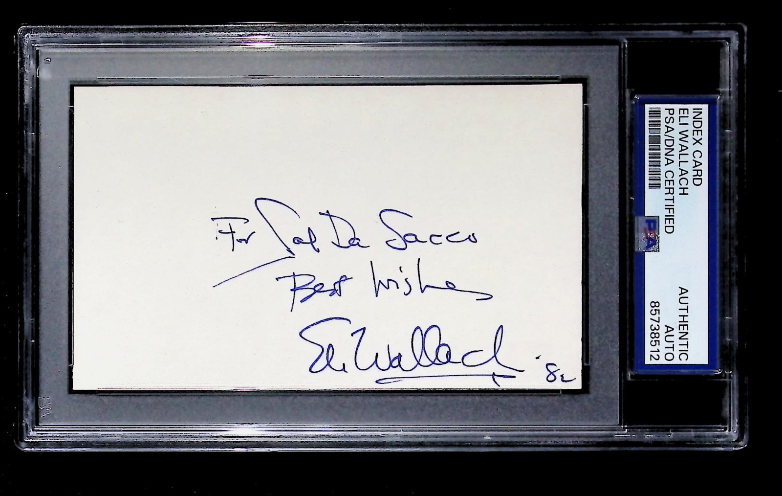 Eli Wallach -  Index Card Autograph - PSA Tallboy Holder - 85738512 (Dated 1982)