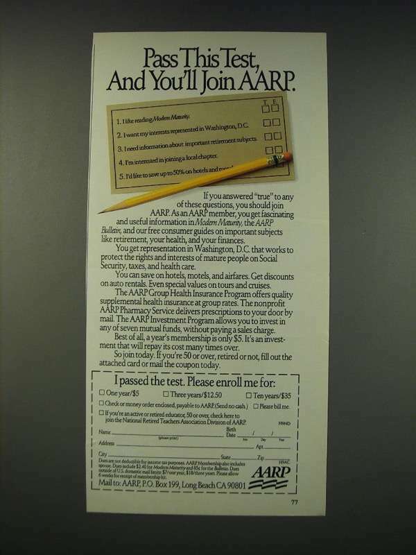 1990 AARP Membership Ad - Pass this test, and you'll join AARP 1990 AARP Membership Ad - Pass this test, and you'll join AARP