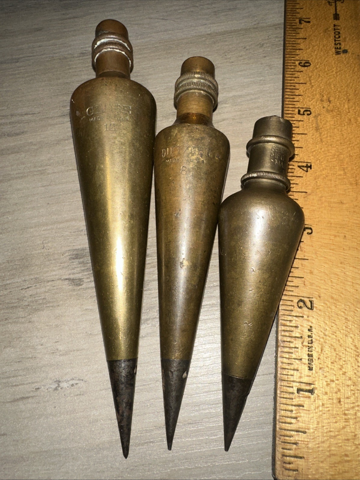 VINTAGE Plumb Bobs GENERAL HARDWARE, Globe & DIETZGEN Brass Lot of 3
