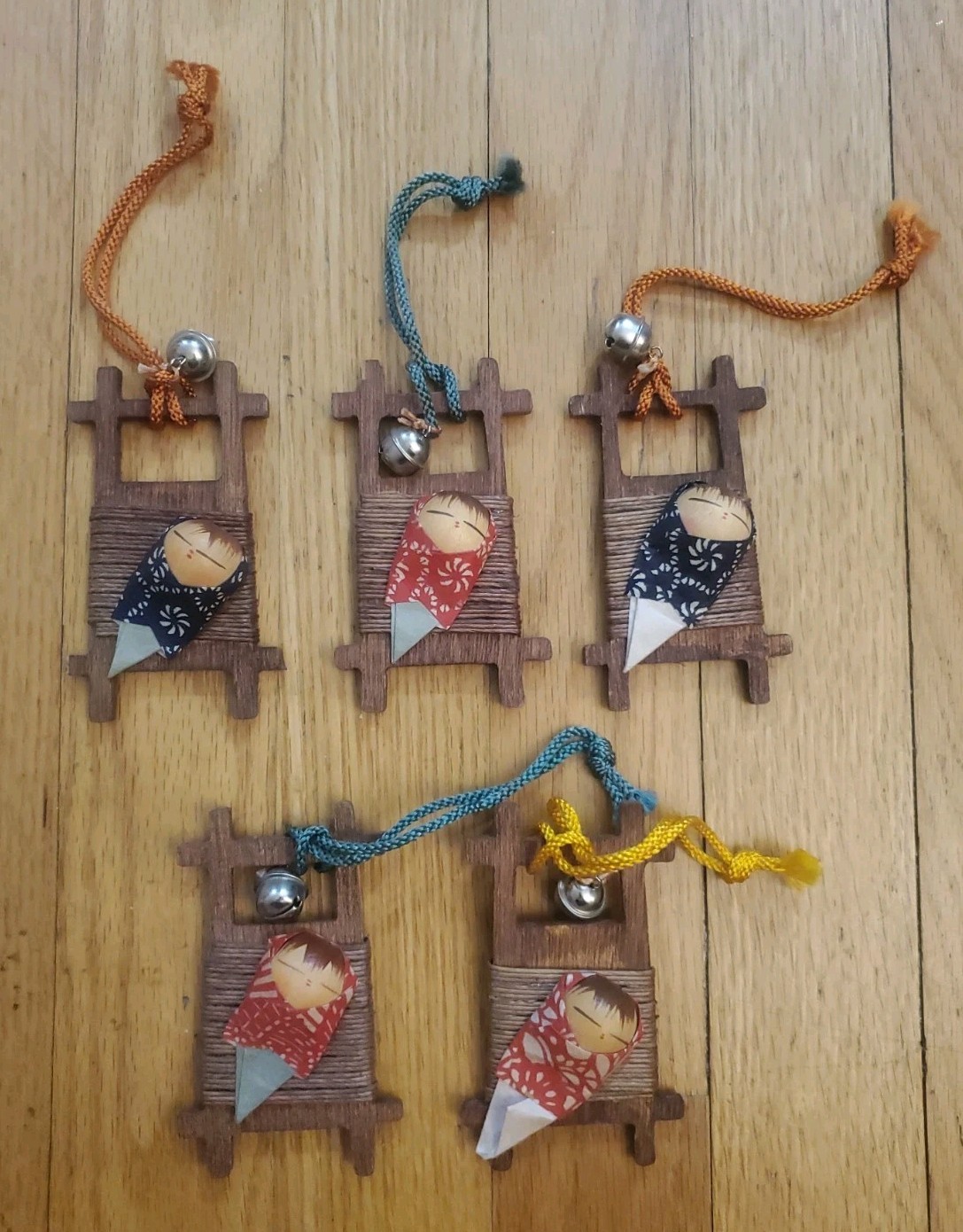 Vintage Inarco Japan Wooden Baby Cradle Ornaments Set of 5 Kokeshi Doll Bell
