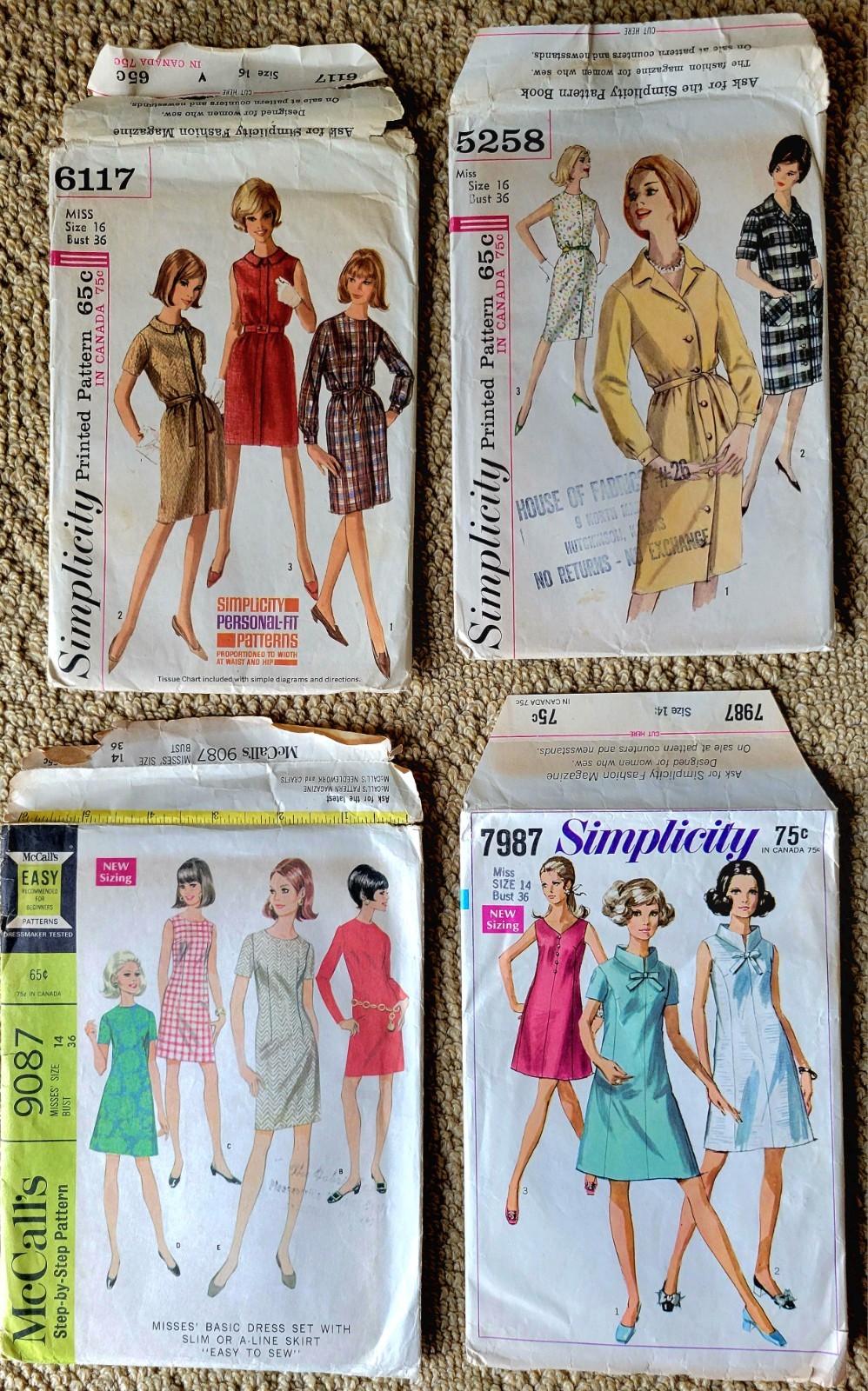 4 Vtg. 1963-65 67 & 68 *McCall\'s & Simplicity Sewing Patterns Lot, 36 B  Dresses