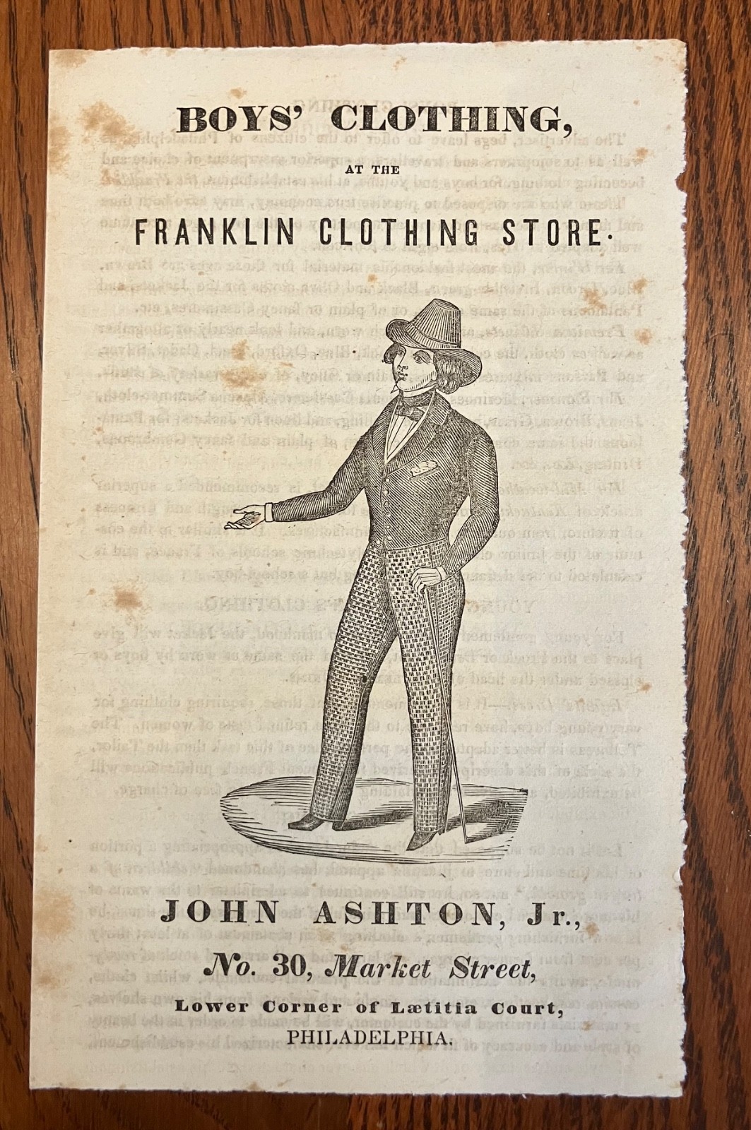 1840s/50s Ephemera Clothing Ad Philadelphia John Ashton Jr. No. 30 Market Street 1840s/50s Ephemera Clothing Ad Philadelphia John Ashton Jr. No. 30 Market Street
