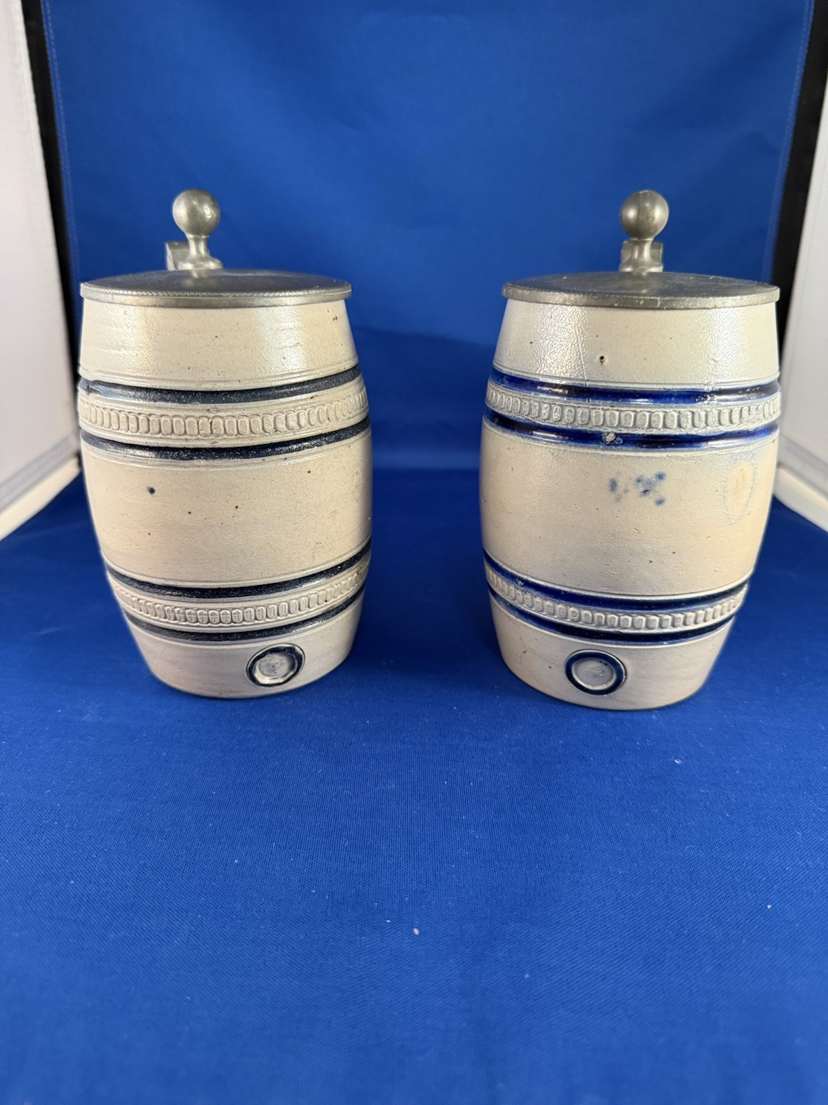 Pair Antique German Westerwald Barrel Beer Steins c. 1900 Pewter Lids B&D No. 2 Pair Antique German Westerwald Barrel Beer Steins c. 1900 Pewter Lids B&D No. 2