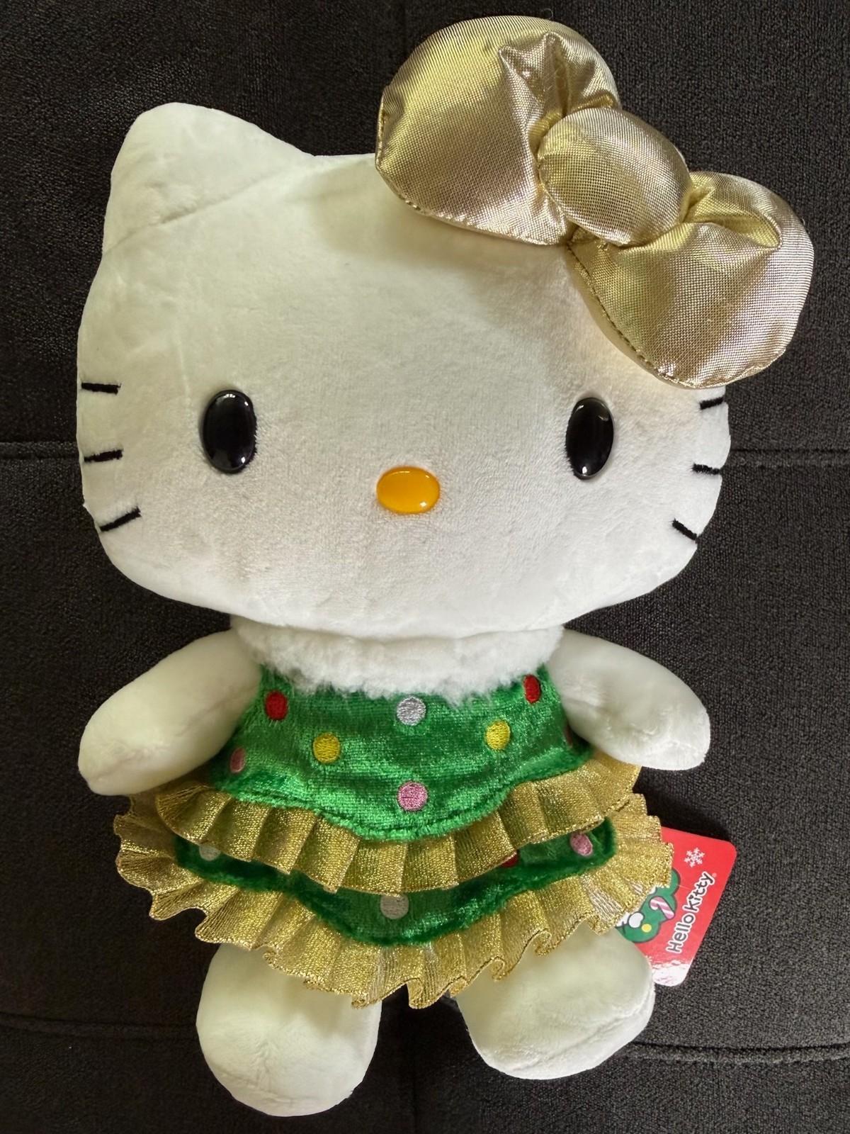 Sanrio Hello Kitty Holiday Christmas Tree Green Gold Dress Plush 9.5