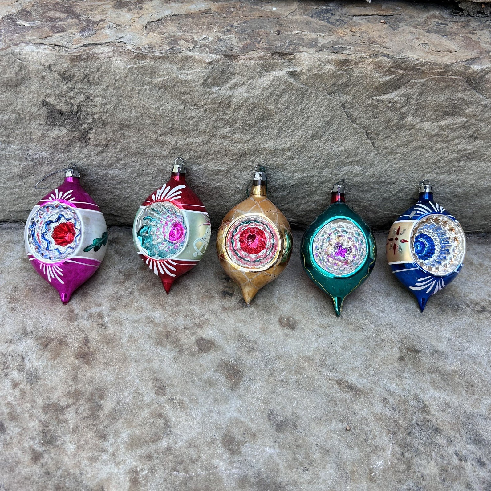 5 Vintage Christmas Indent Hand Painted Mercury Glass Ornaments Poland 4”