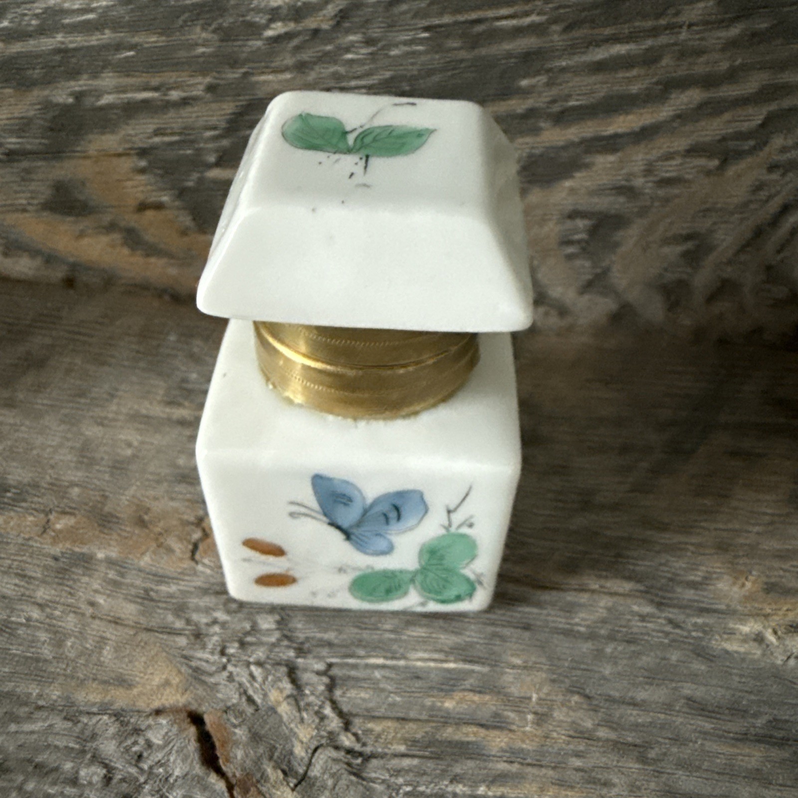 Antique 19th Century Miniature Petite Porcelain Ink Bottle Butterfly / Inkwell