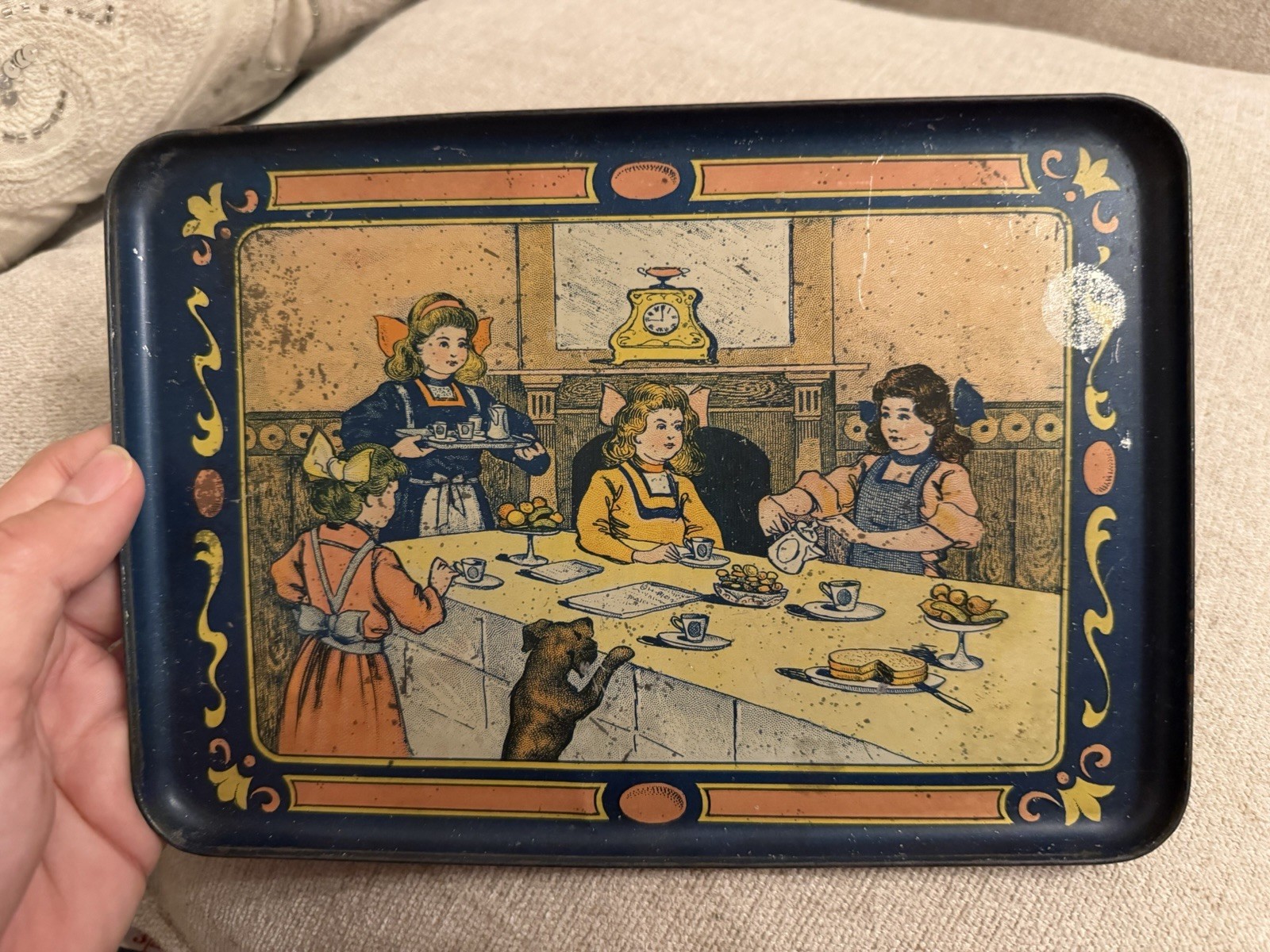 Antique Victorian Lithographed Tin Tray Girls Tea Party Doll Dog c.1900
