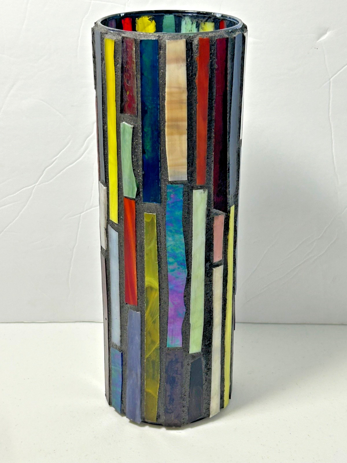Vintage Slag Glass Shards Mosaic Cylinder Vase 1970s Handmade 10.5 x3.75