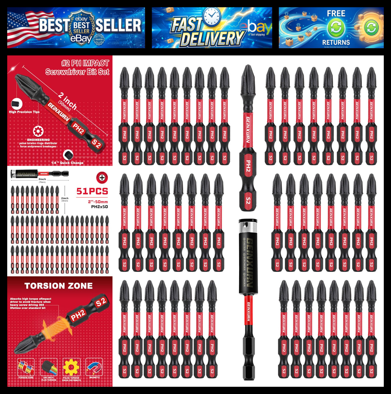 Impact Tough #2 Phillips 2 in. Insert Driver Bits,50Pack PH2 Screwdriver Bits Se