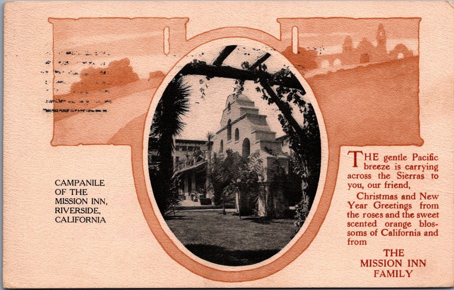 Mission Inn Riverside CA Campanile Christmas New Year Greetings Postcard c1910s Mission Inn Riverside CA Campanile Christmas New Year Greetings Postcard c1910s