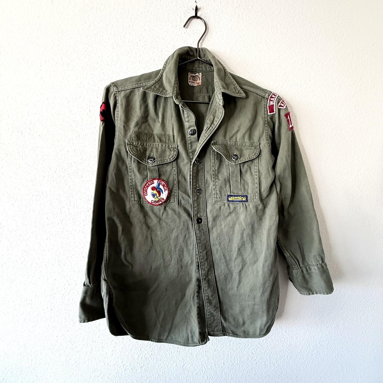 Vintage 50s 60s BSA Boy Scouts Official Shirt Olive Green Patches Wakeeney KS