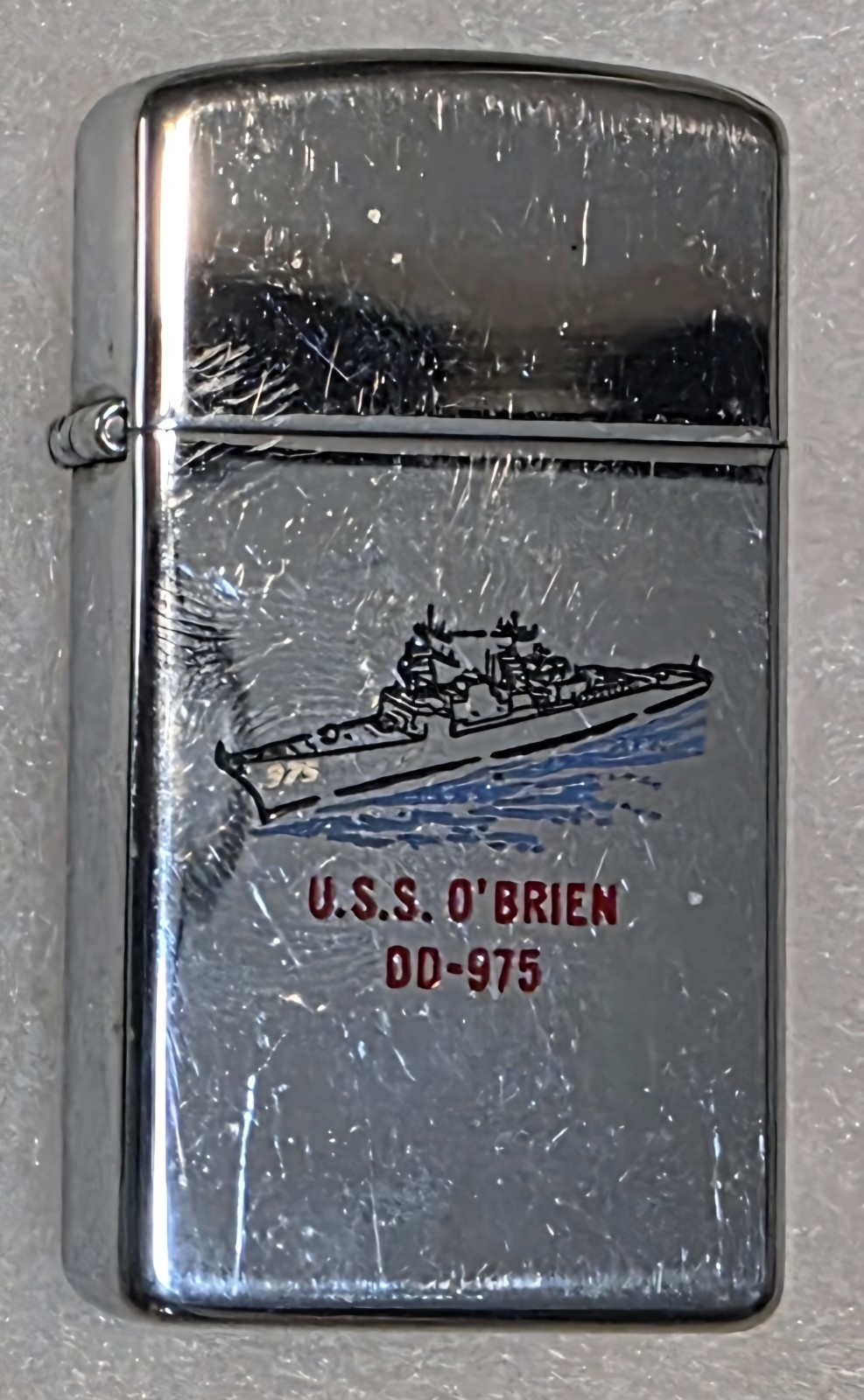 Vintage Metal Zippo, USS O'Brien DD-975, Slim, Double Sided, Destroyer Ship