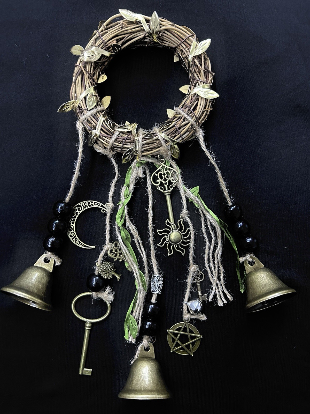 Handmade Witch Wreath Bells, Beads, Keys, Pentacle, Moon, Sun , Halloween