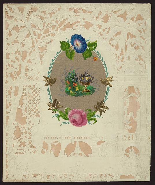1800s Lace Paper Valentine To Margaret Garden Fountain Peacock Mandolin Player