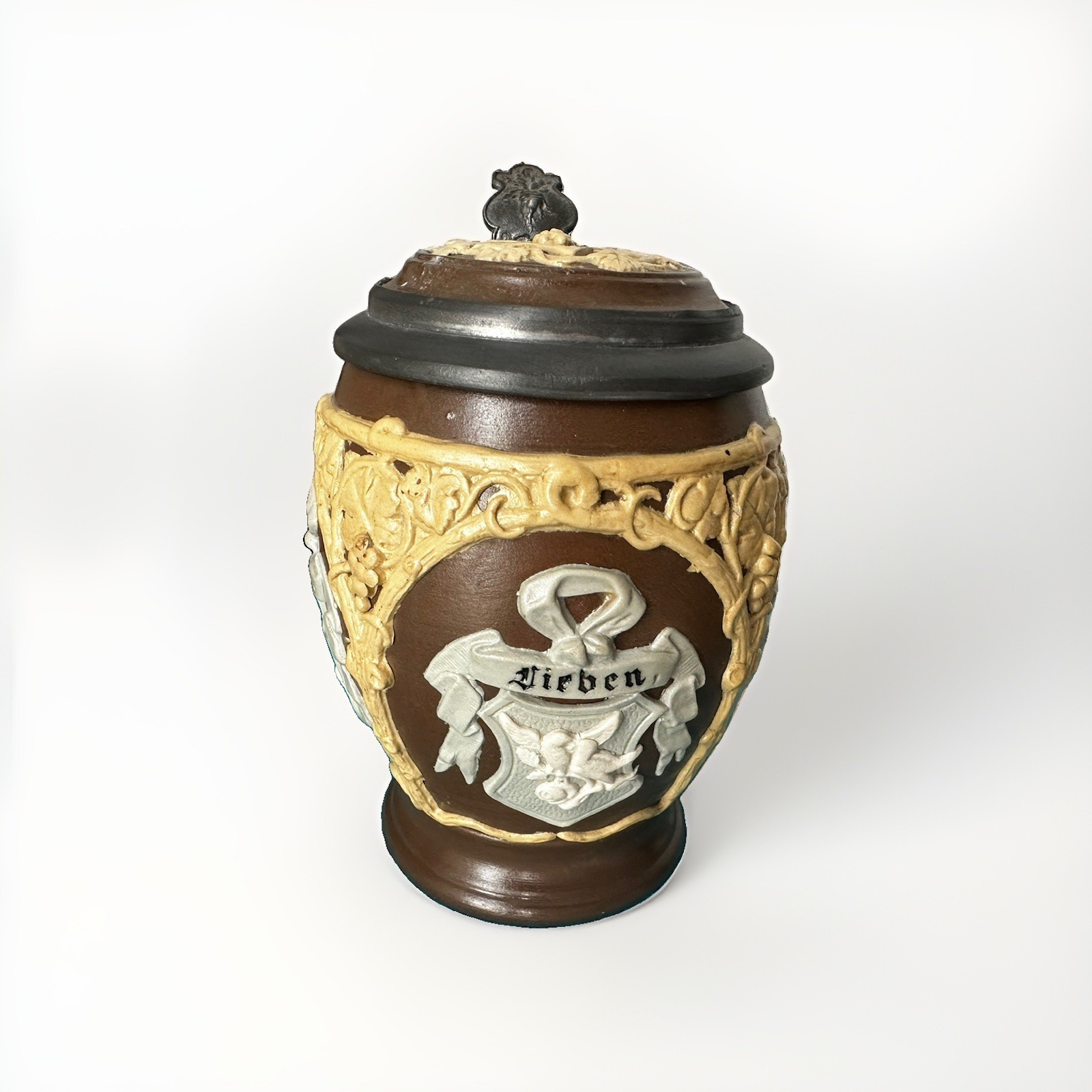 Vtg Antique German VB Ceramic Mettlach #1265 “Three Crests” Drink. Love. Sing Vtg Antique German VB Ceramic Mettlach #1265 “Three Crests” Drink. Love. Sing