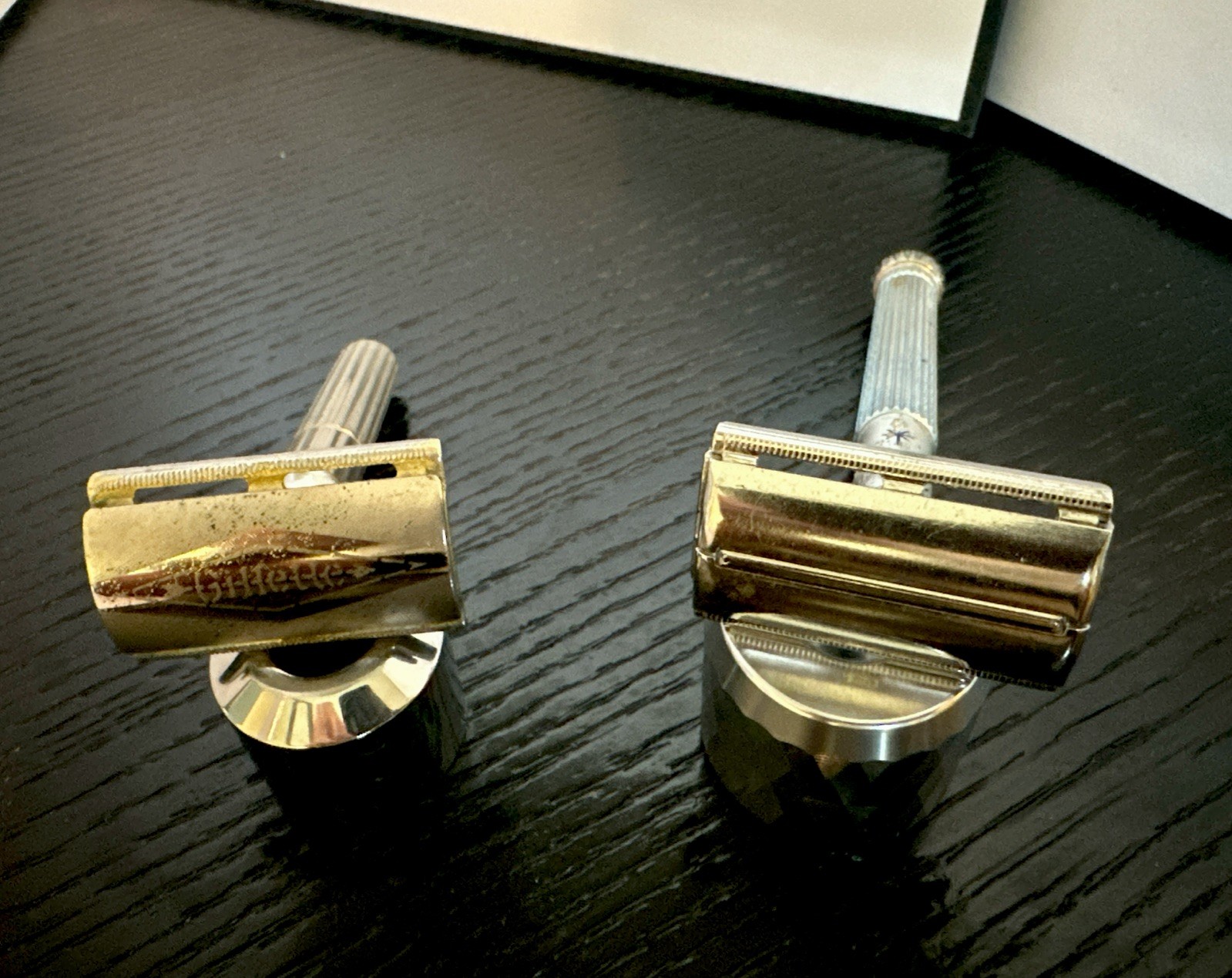 Gillette Safety Razor Duo/Fat Handle Etched Logo Tech & 1970 Lady Blue Starburst