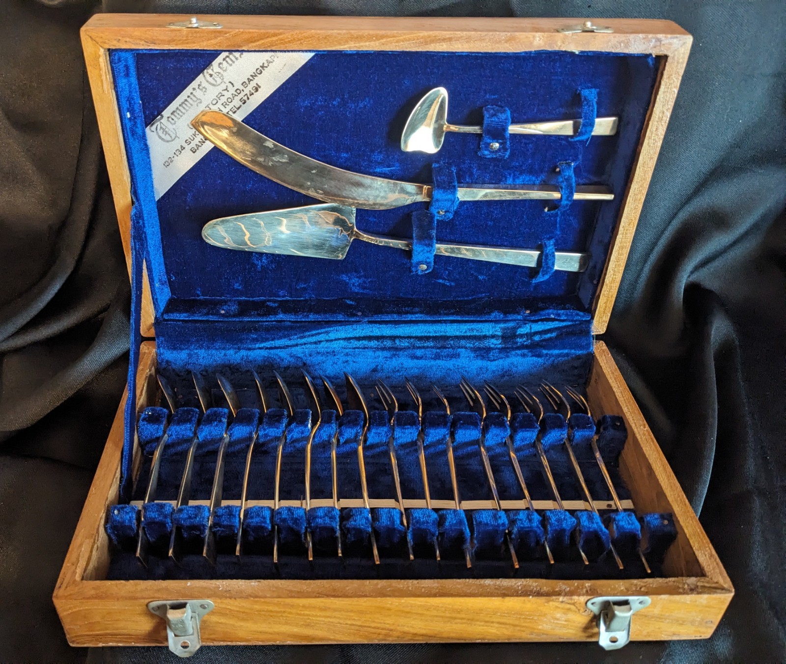 Vintage Thai 19 Piece Bronze Dessert Set in Wooden Box Vintage Thai 19 Piece Bronze Dessert Set in Wooden Box